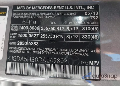 2013 Mercedes-Benz Ml 350 4Matic из США, поврежденный, VIN 4JGDA5HB0DA249802